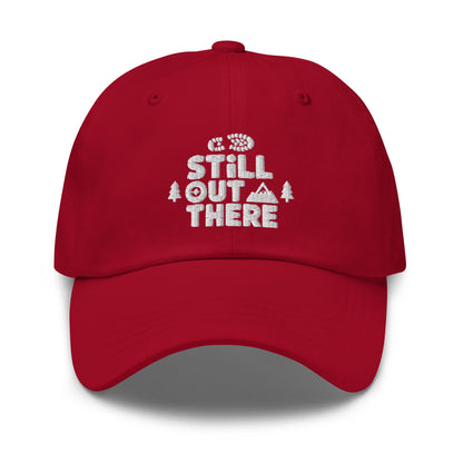 Cranberry red embroidered adjustable dad hat with front stitched logo and curved brim