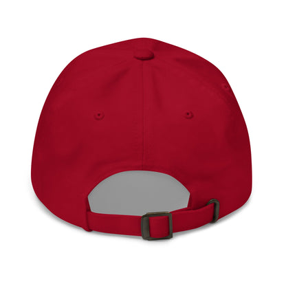 Red dad hat with adjustable back strap and ventilation eyelets