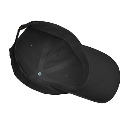 Black dad hat with curved brim and visible inner panel seams