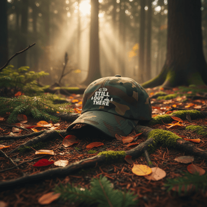 Green camo embroidered dad hat resting on leaves, adjustable cotton cap