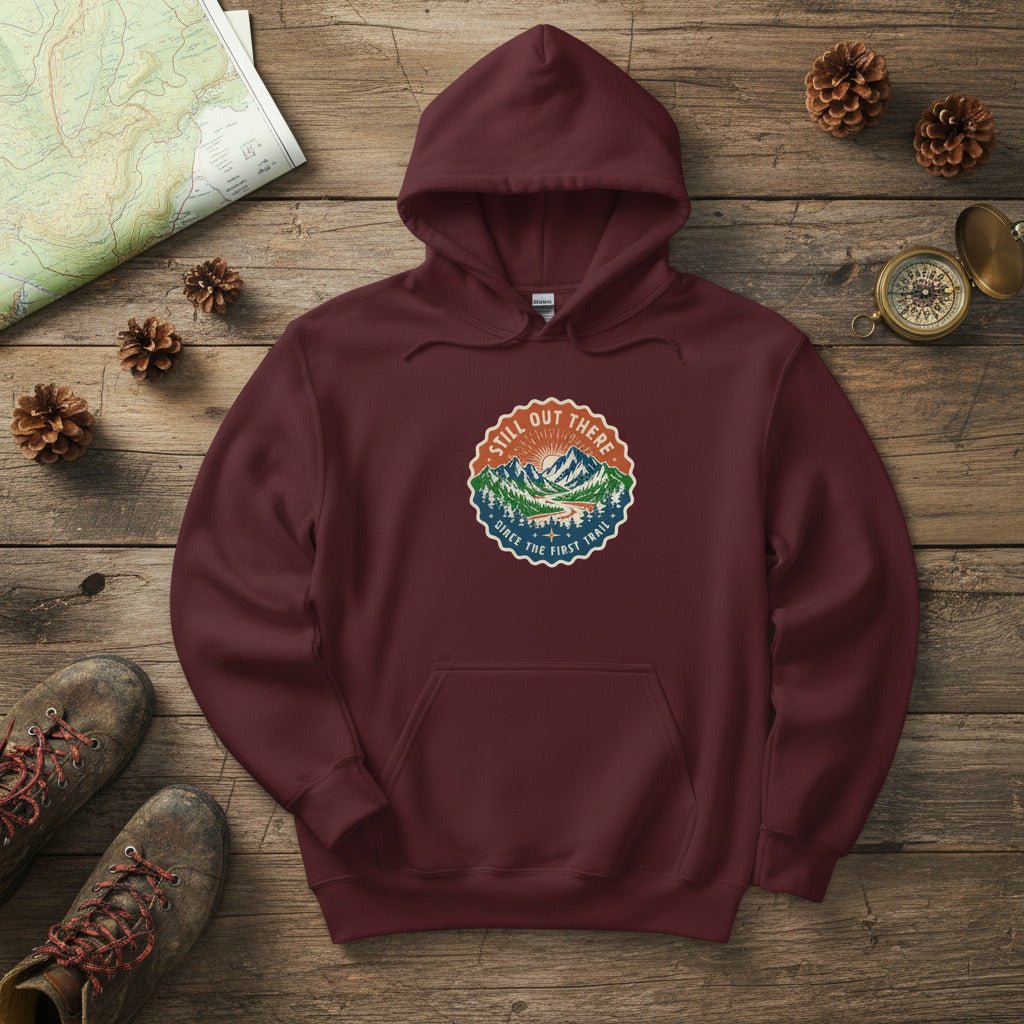 Maroon vintage mountain hoodie with front logo patch, kangaroo pocket, drawstring hood.