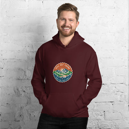 Maroon vintage-style mountain hoodie with hood, front pocket, and front logo patch