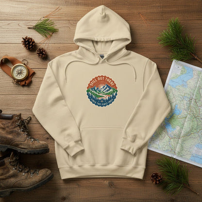 Sand vintage mountain hoodie with front logo patch, kangaroo pocket, drawstring hood.