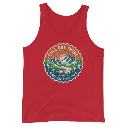 Red mountain graphic tank top with round chest badge, scoop neck