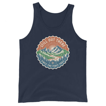 Navy mountain graphic tank top with round chest badge, scoop neck