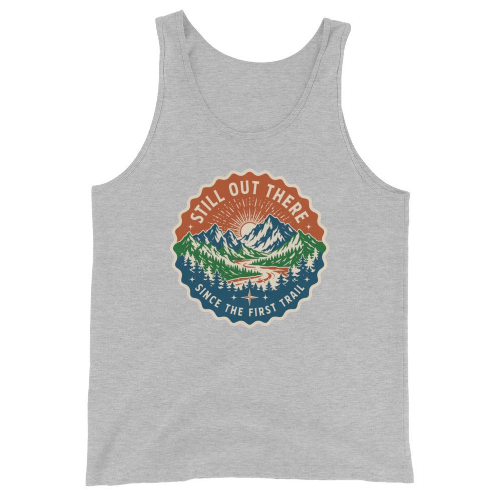Heather gray mountain graphic tank top with round chest badge, scoop neck
