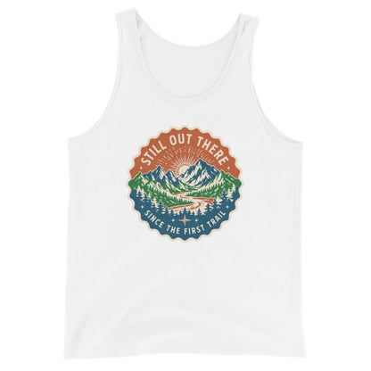 White mountain graphic tank top with round chest badge, scoop neck
