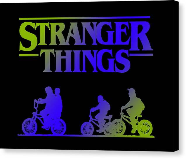 Black canvas print showing 'STRANGER THINGS' text and four neon bicycle silhouettes