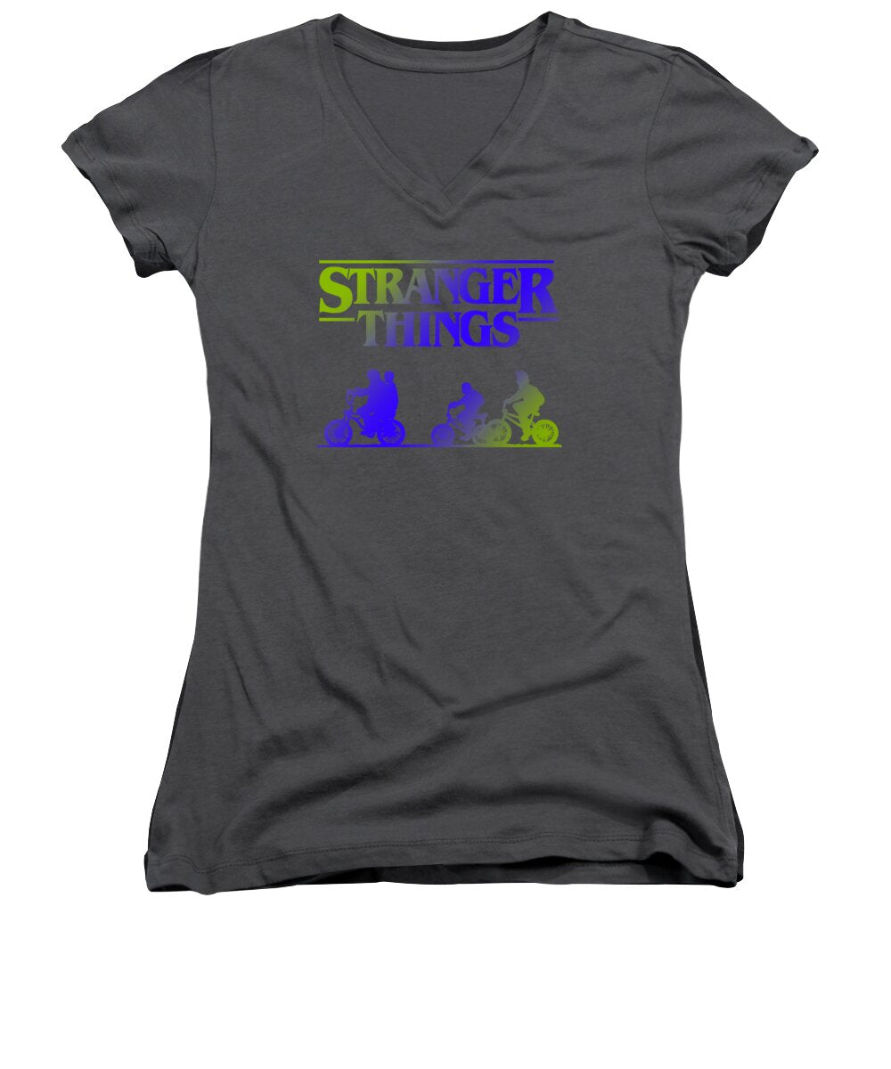 Women's v-neck T-shirt, charcoal, short sleeves, graphic front print