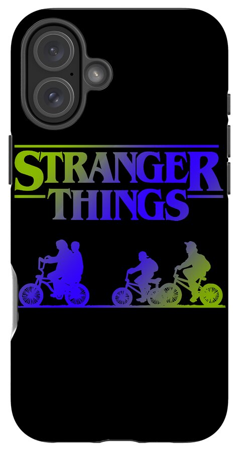 Black phone case with Stranger Things logo, triple camera lenses, and colored bike riders