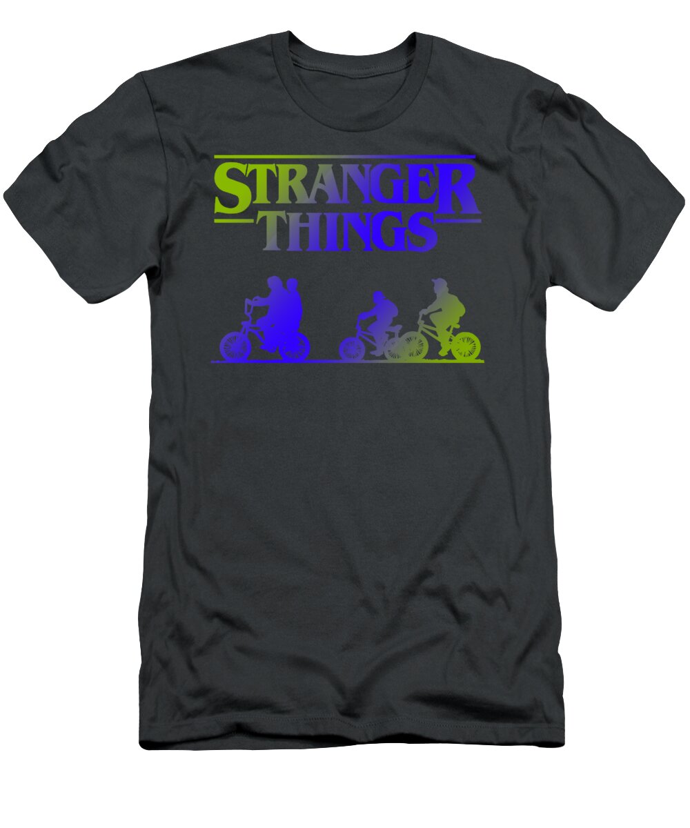 Charcoal kids T-shirt with Stranger Things graphic of three bikes and riders