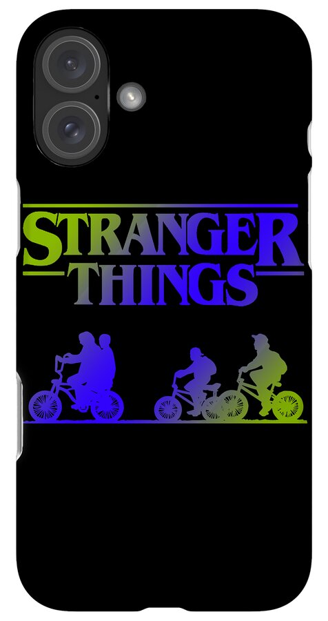 Black phone case with Stranger Things logo, dual camera lenses, and bike silhouettes