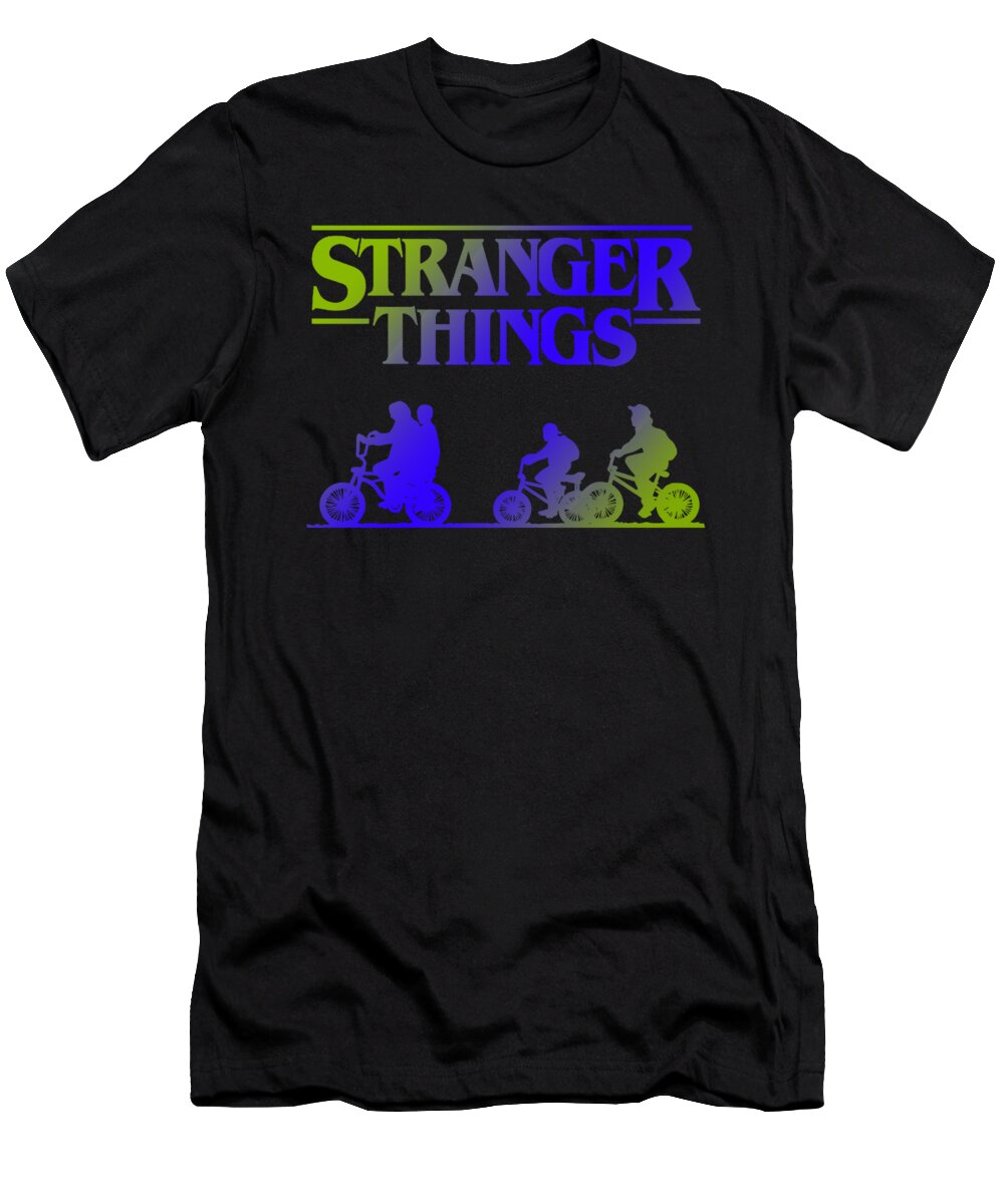 Black kids T-shirt with Stranger Things graphic of three bikes and riders