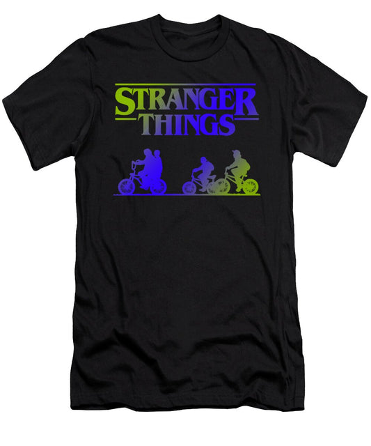 Black kids T-shirt with Stranger Things graphic of three bikes and riders