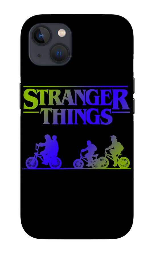 Black phone case featuring Stranger Things logo and blue, purple, green scooter riders