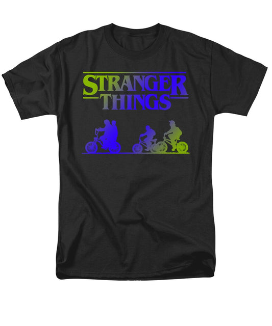 Men's black T-shirt with colorful "Stranger Things" logo and bike character graphic, crew neck