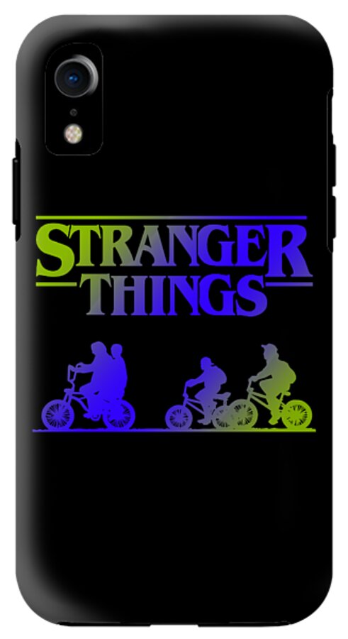 Black phone case with Stranger Things logo and blue, purple, and green bike riders