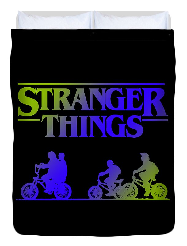 Kids duvet cover, black with Stranger Things logo and four rider silhouettes on bikes