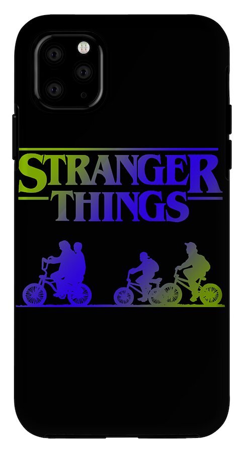 Black phone case with Stranger Things text, neon band, and bike rider silhouettes; multi-lens camera