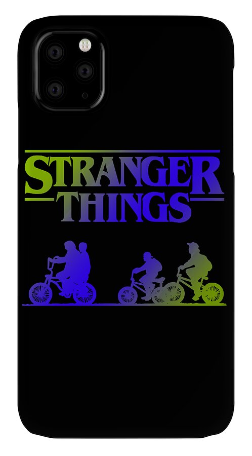 Black phone case with Stranger Things text, neon band, and bike rider silhouettes; multi-lens camera