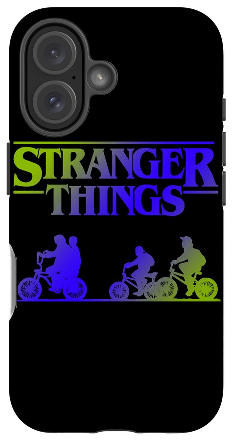 Black phone case with Stranger Things logo, triple camera lenses, and bike-riding characters