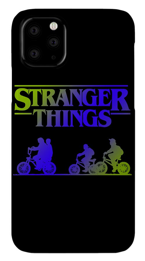 Black phone case with Stranger Things text, neon band, and bike rider silhouettes; two-lens camera