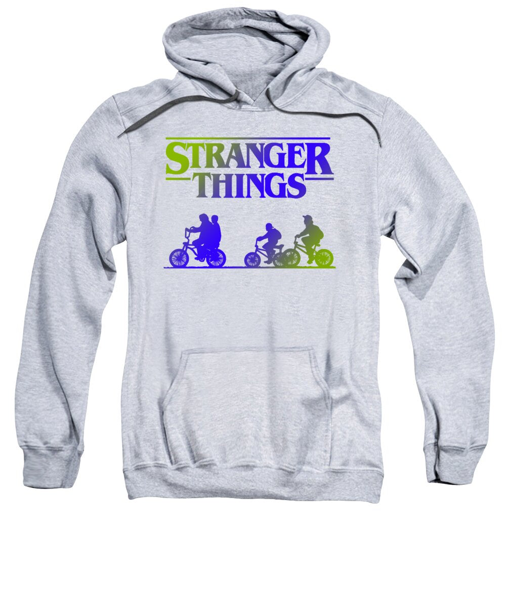 Kids light gray hoodie sweatshirt with kangaroo pocket and STRANGER THINGS graphic