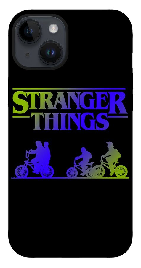 Black phone case with STRANGER THINGS title and colored riders on bicycles graphic