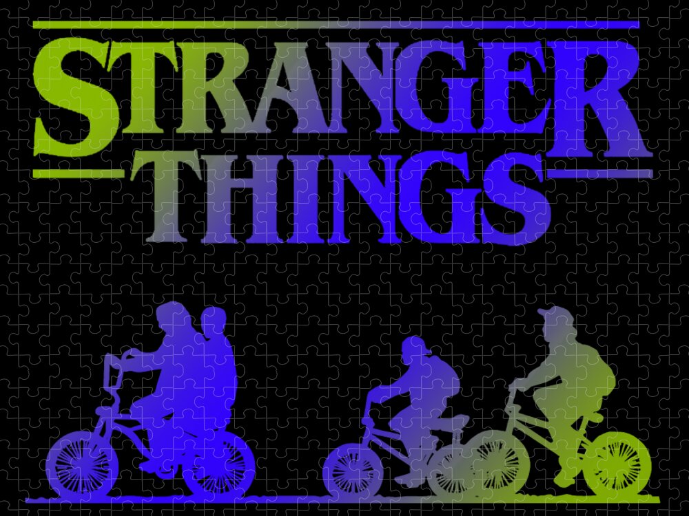 Jigsaw puzzle featuring Stranger Things title and kids on bikes in blue, purple, and green