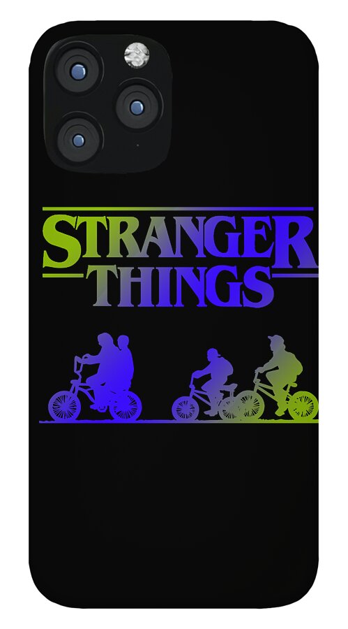 Black phone case with Stranger Things text, neon band, and bike rider silhouettes; multi-lens camera