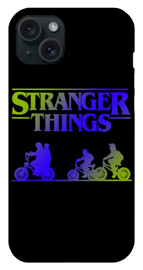 Stranger Kids black phone case showing “STRANGER THINGS” and colorful bike rider artwork