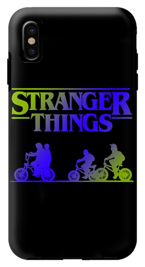 Black phone case with Stranger Things logo and colorful bike characters