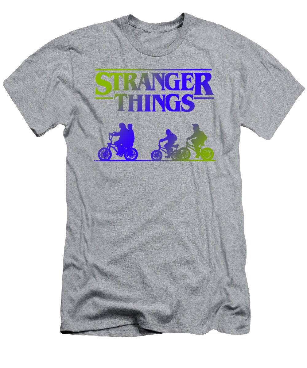 Heather gray kids T-shirt with Stranger Things graphic of three bikes and riders