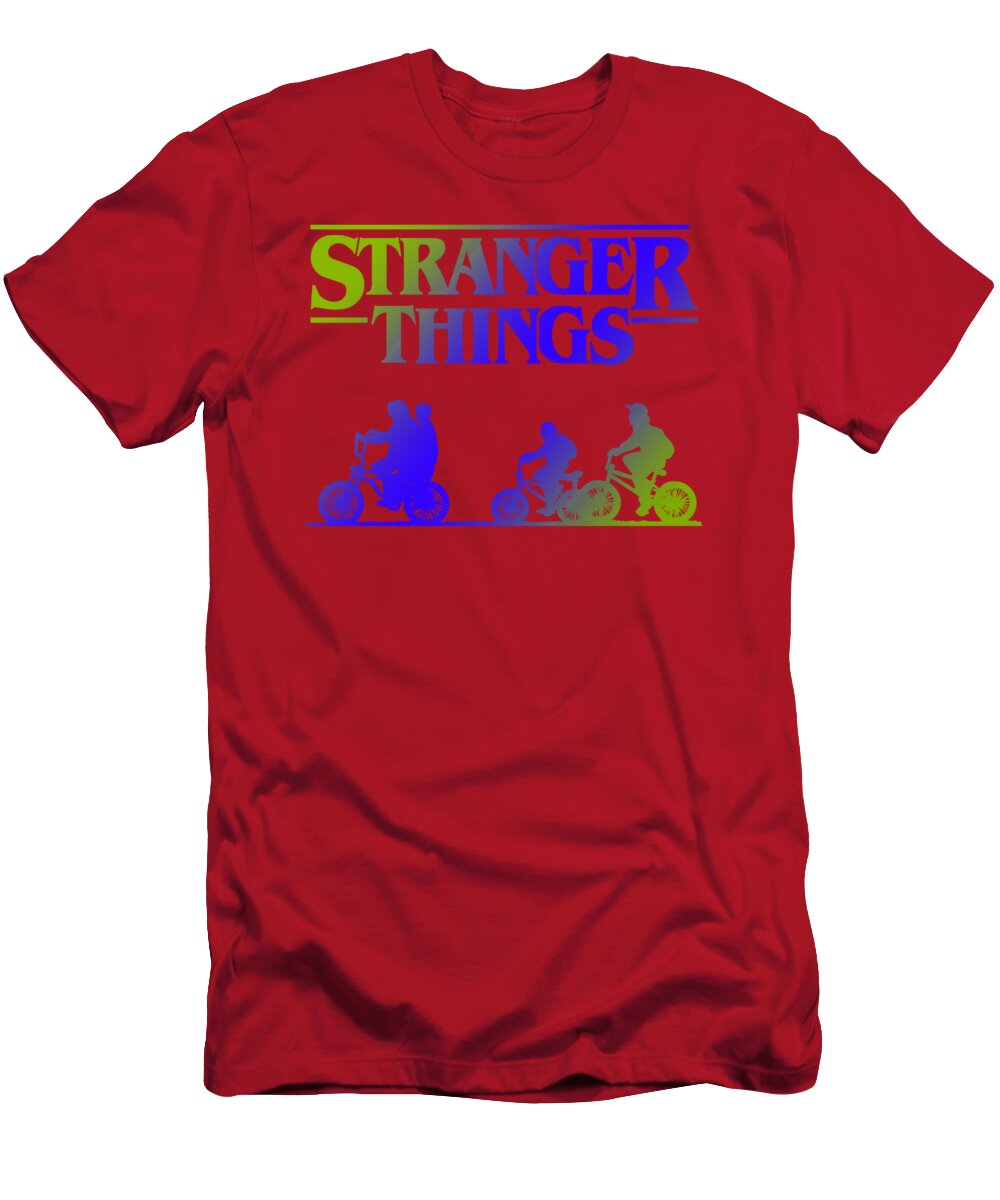Red kids T-shirt with Stranger Things graphic of three bikes and riders