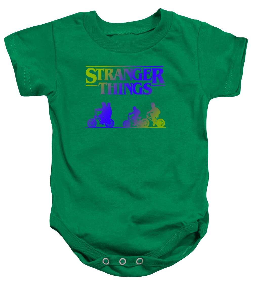 Green baby onesie with Stranger Things graphic and snap-button bottom.