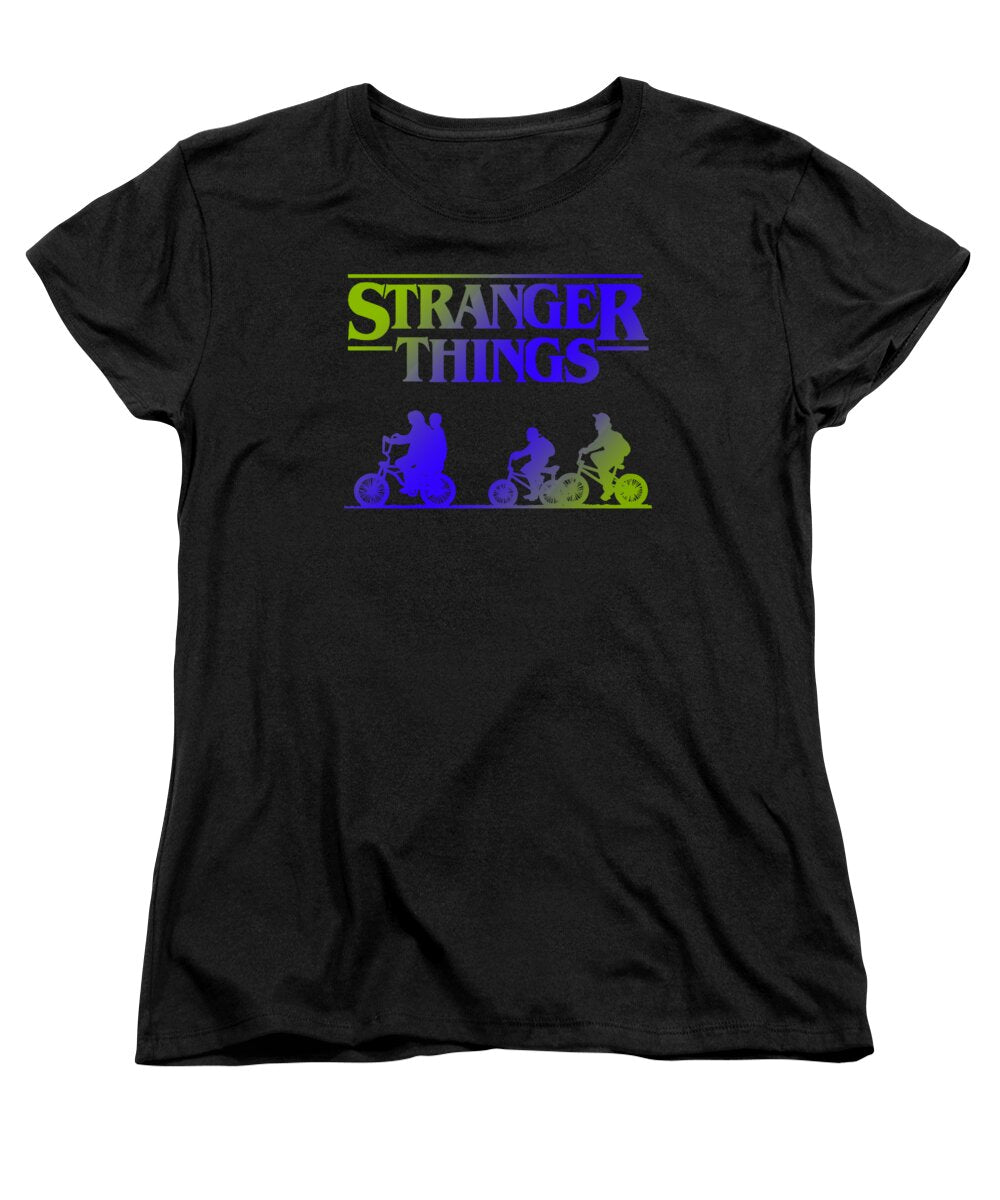 Black women's t-shirt with Stranger Things front graphic, crew neck, short sleeves