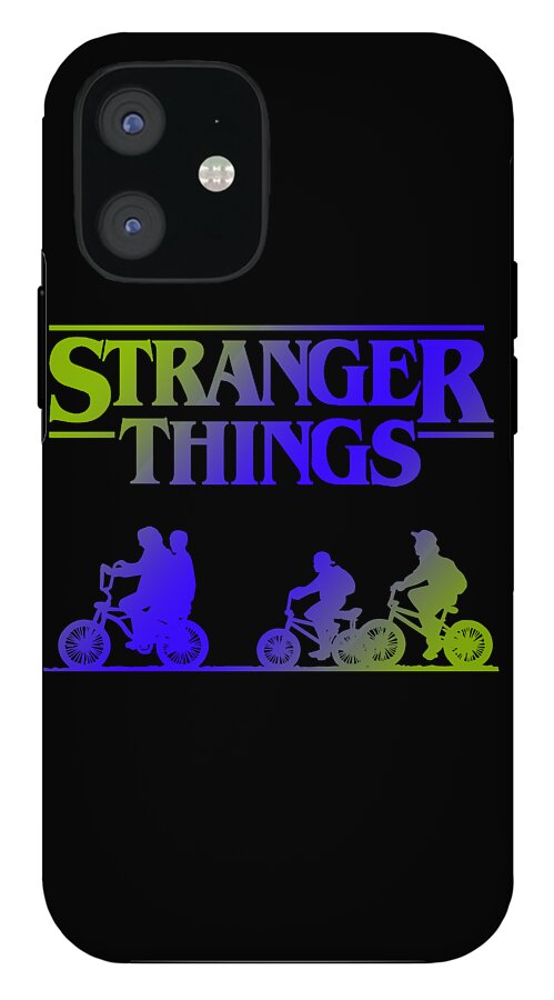 Black phone case with Stranger Things text, neon band, and bike rider silhouettes; two-lens camera