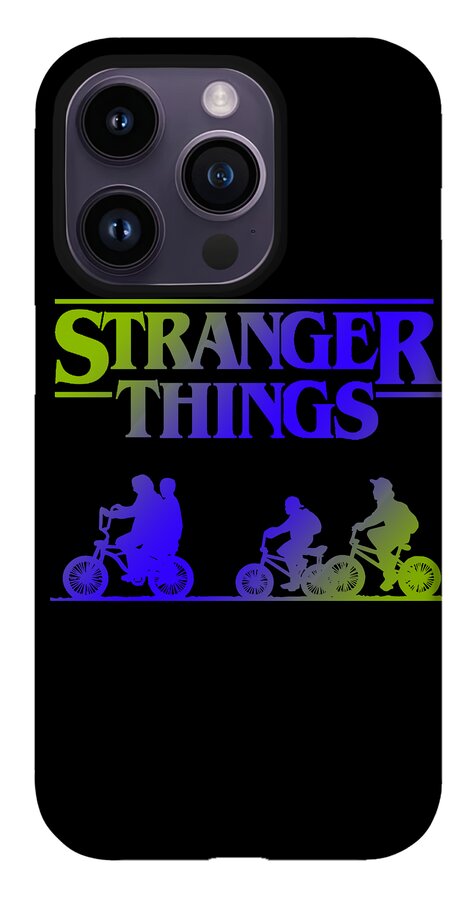 Black phone case with STRANGER THINGS text and neon-green riders; gray camera lenses