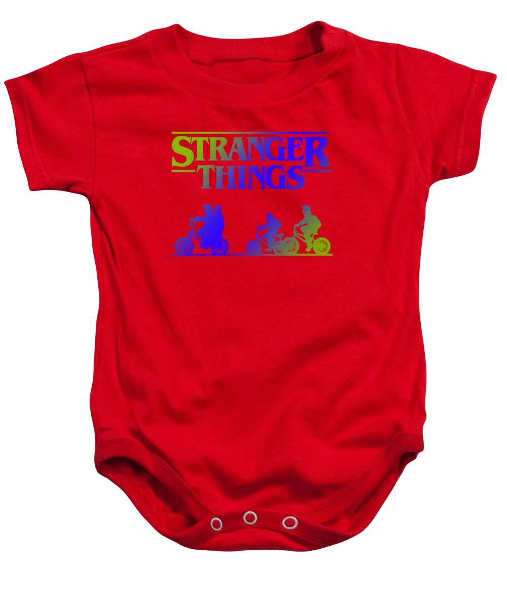 Red baby onesie with Stranger Things graphic and snap-button bottom.