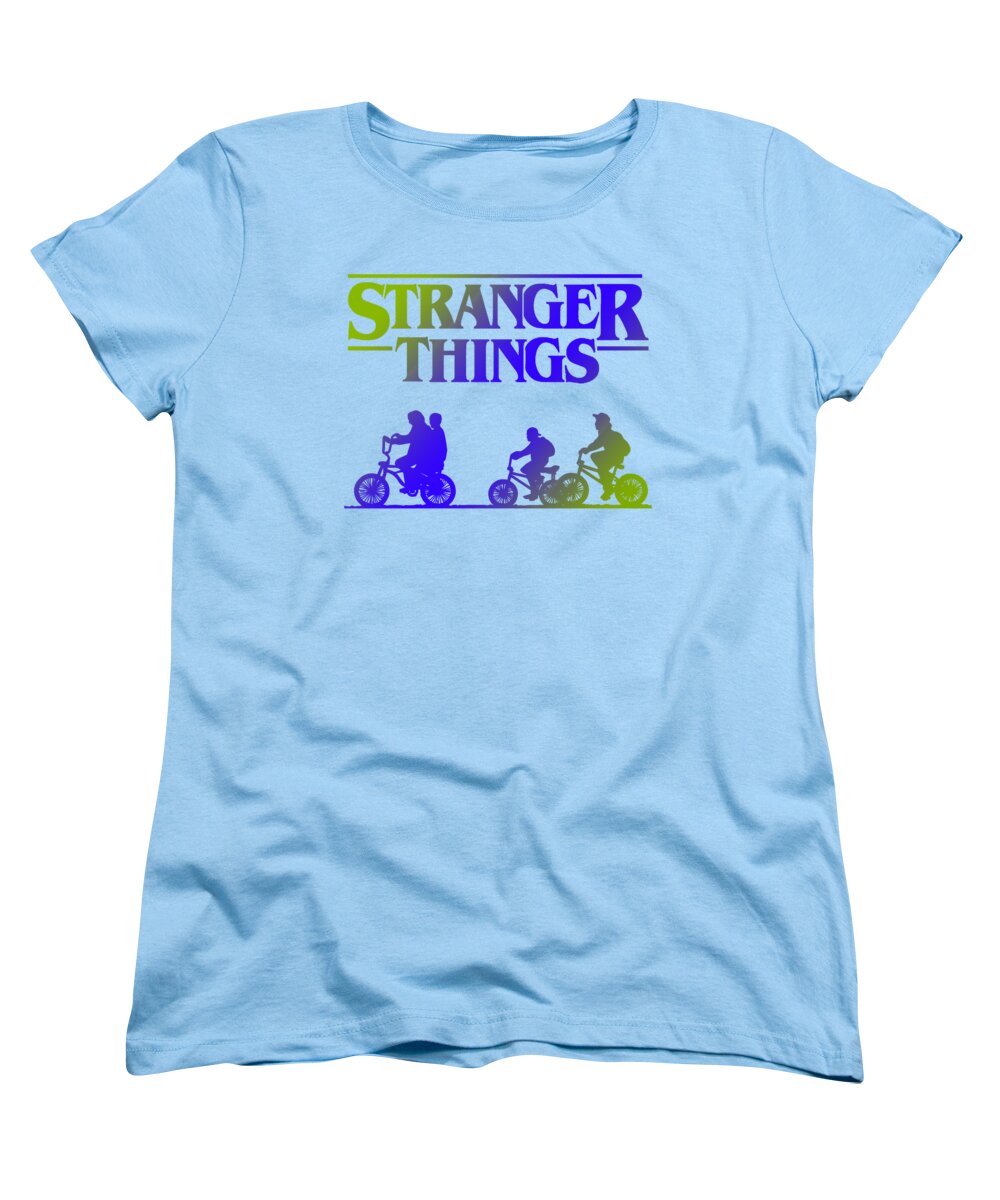 Light blue women's t-shirt with Stranger Things front graphic, crew neck, short sleeves
