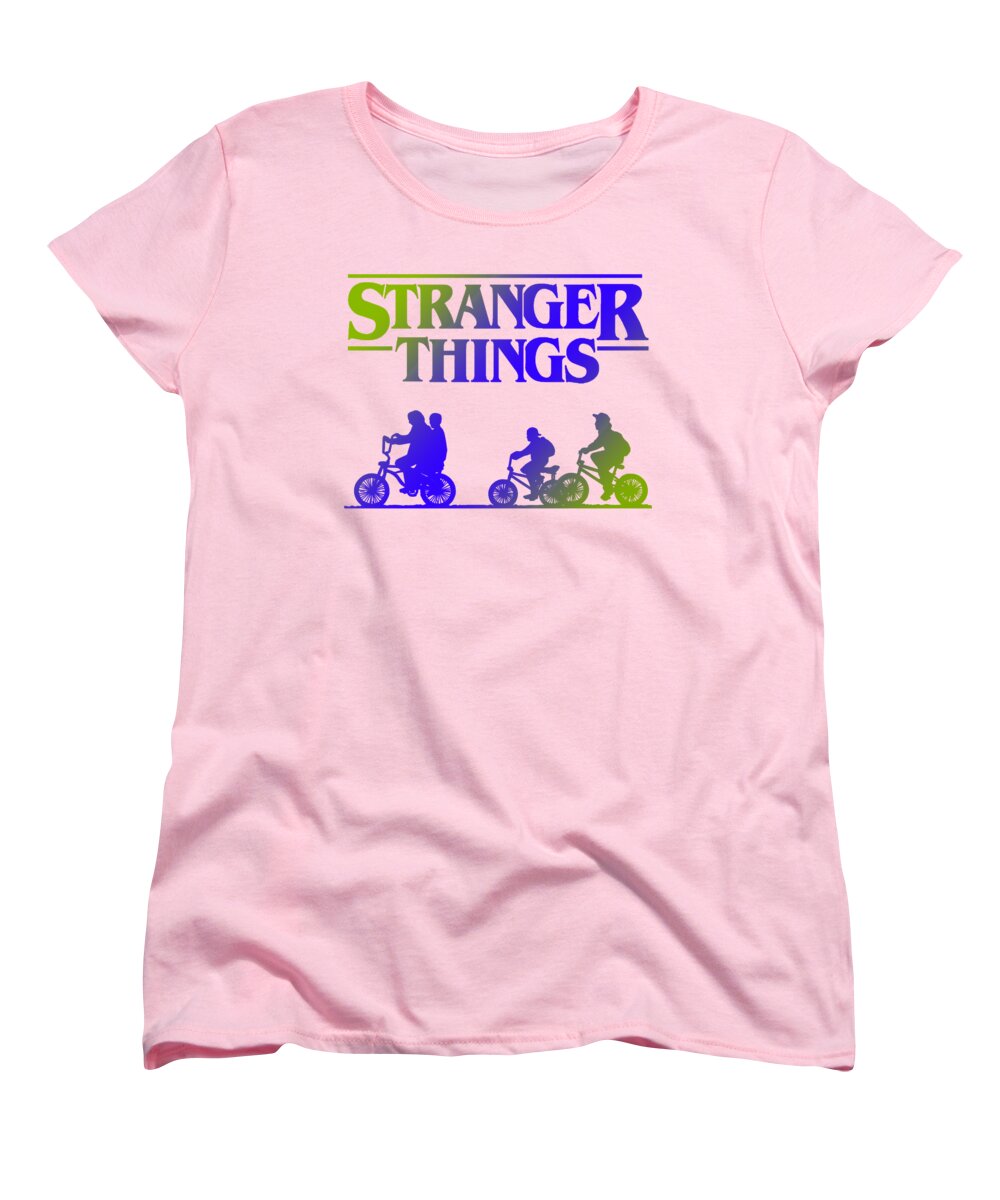 Pink women's t-shirt with Stranger Things front graphic, crew neck, short sleeves