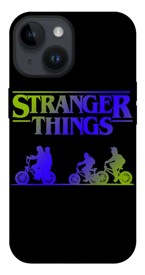 Black phone case with STRANGER THINGS title and multicolor biker silhouettes on bikes