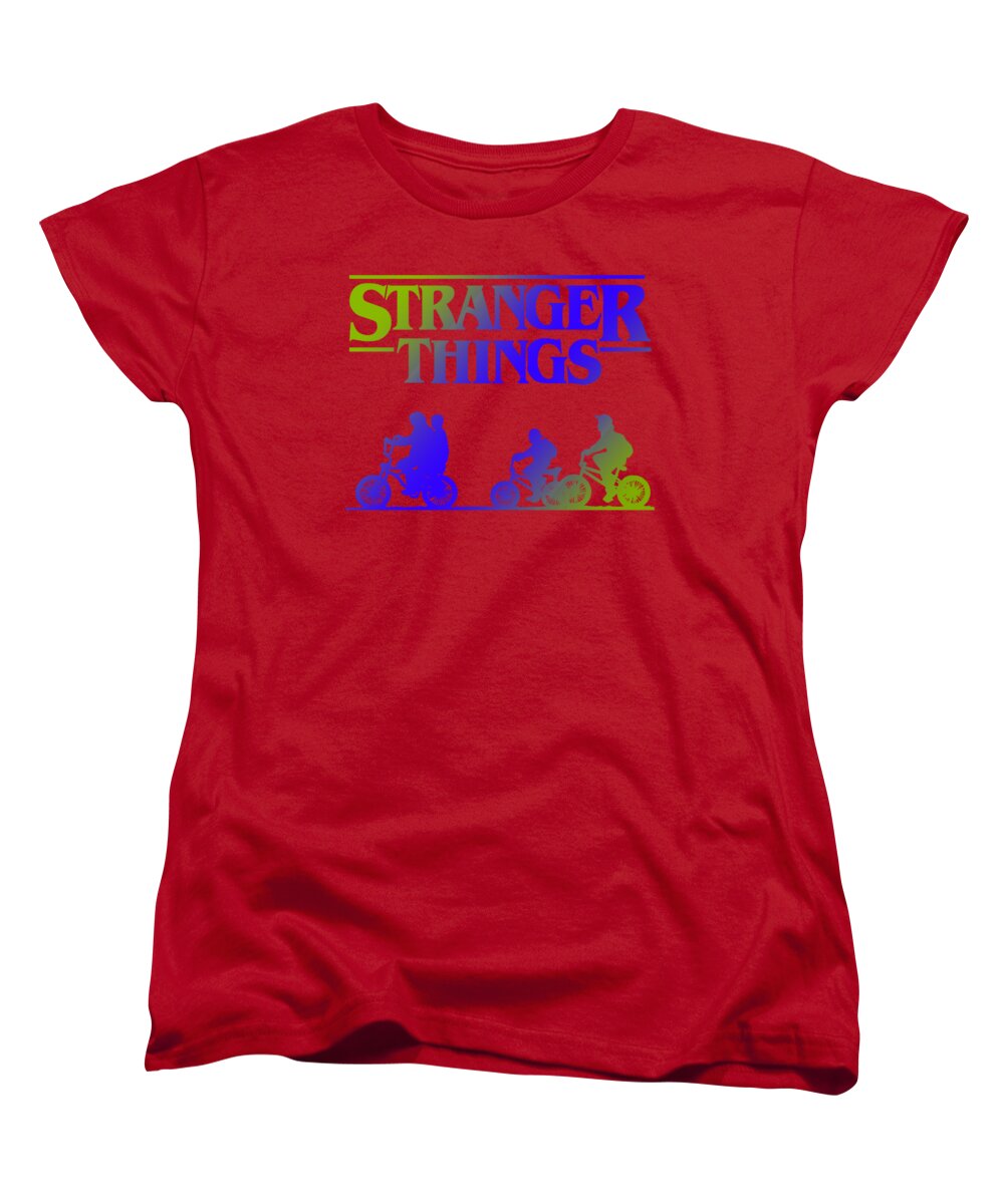Red women's t-shirt with Stranger Things front graphic, crew neck, short sleeves