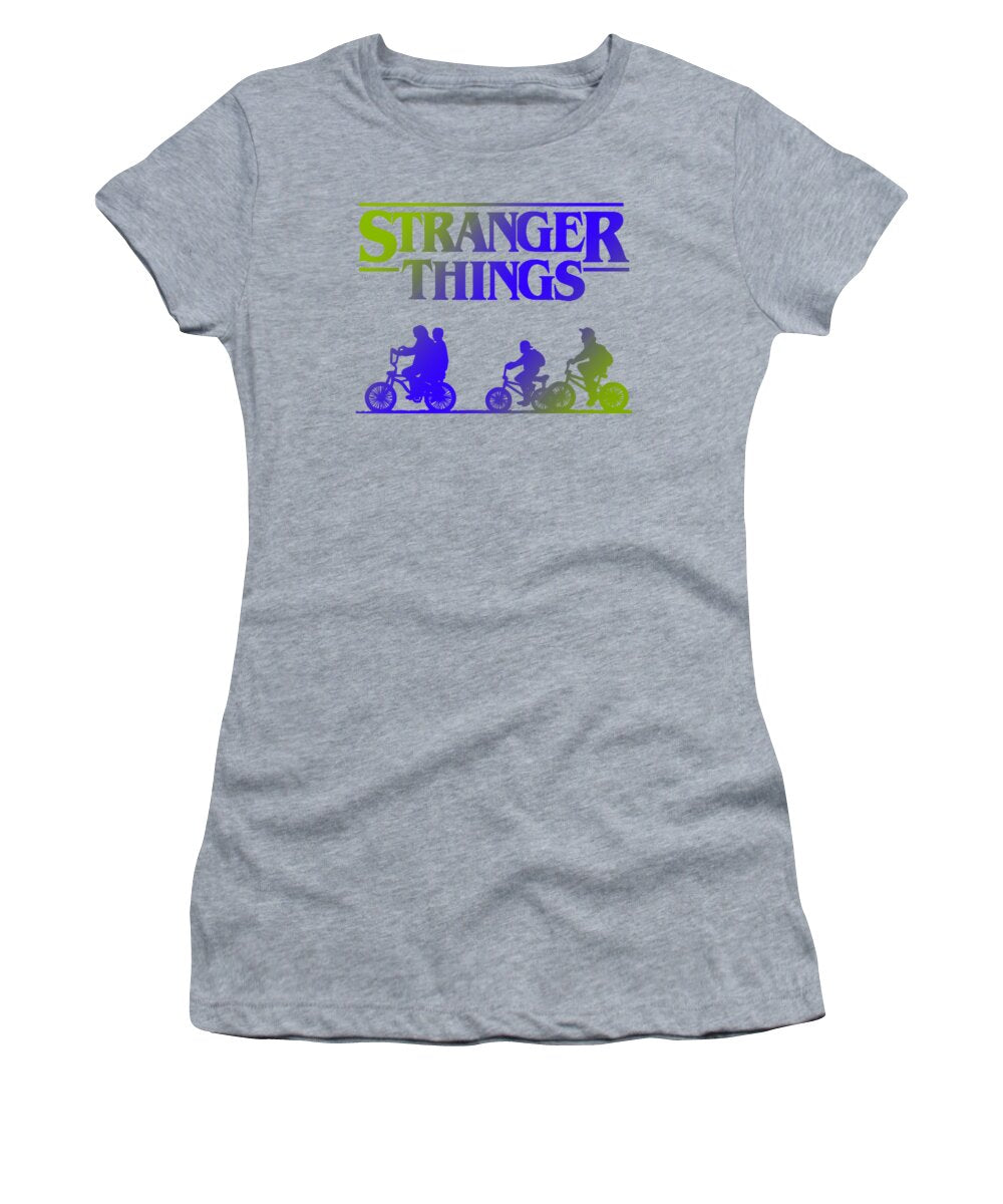 Heather gray women's t-shirt with Stranger Things logo and character graphic print