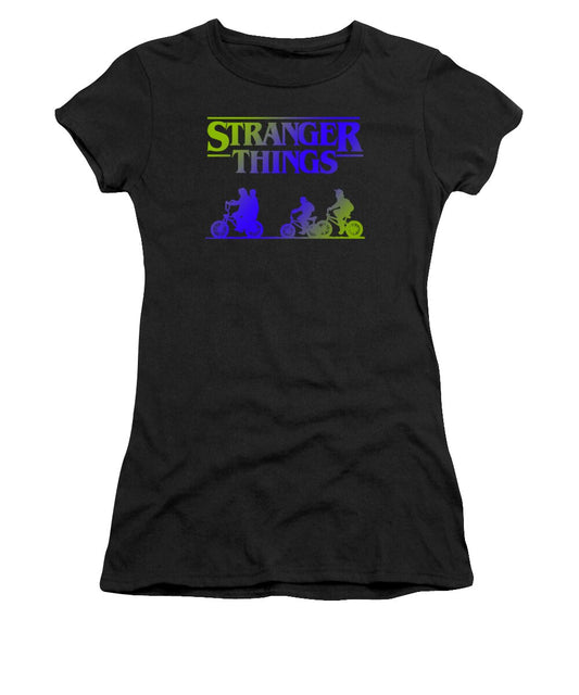 Black women's t-shirt with Stranger Things logo and character graphic print