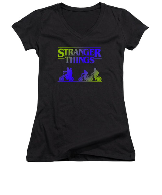 Women's v-neck T-shirt, black, short sleeves, graphic front print