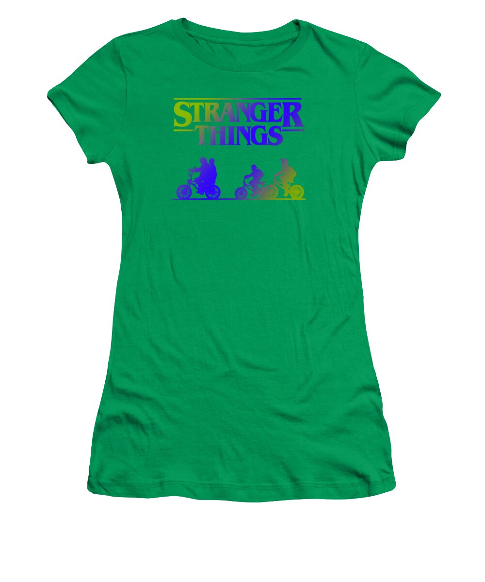 Kelly green women's t-shirt with Stranger Things logo and character graphic print