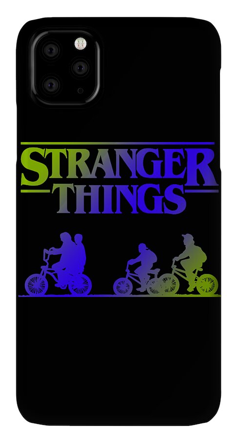 Black phone case with Stranger Things text, neon band, and bike rider silhouettes; multi-lens camera