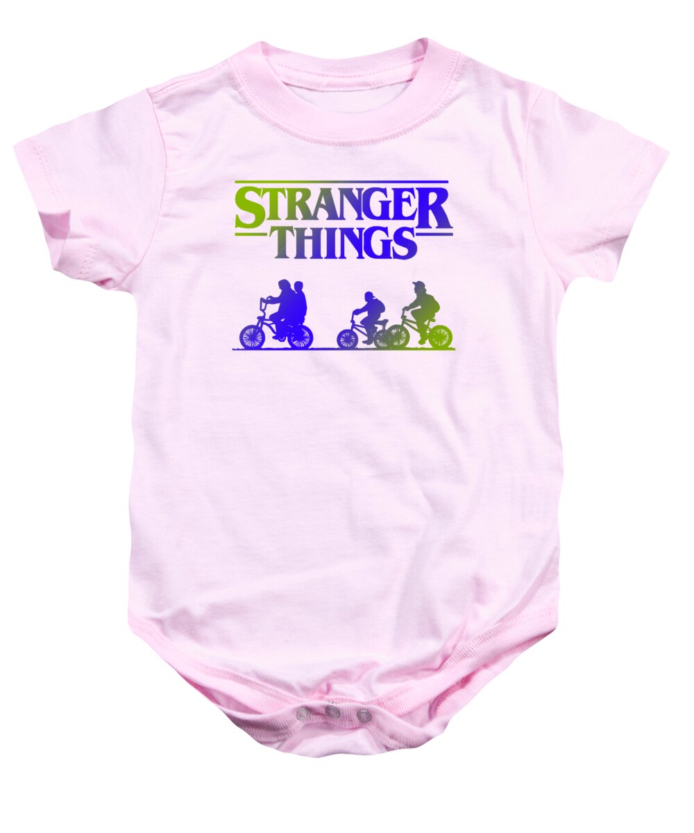 Light pink baby onesie with Stranger Things graphic and snap-button bottom.