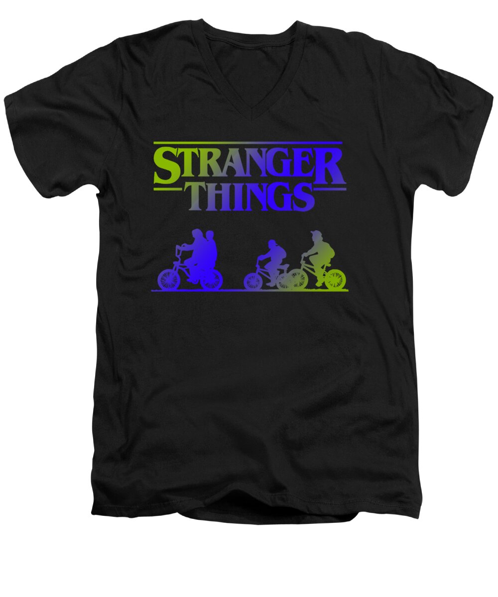 Men's V-neck T-shirt in black with Stranger Things graphic print